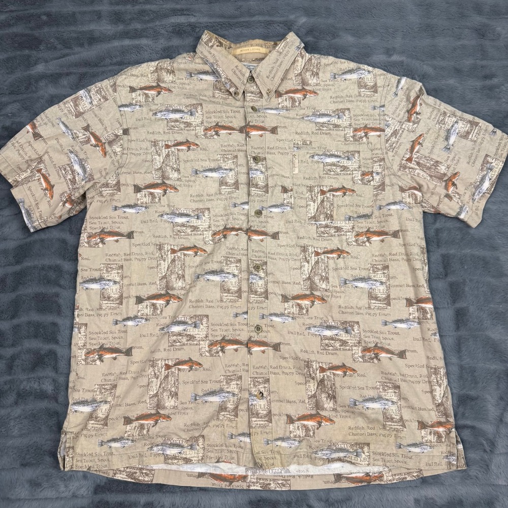 Columbia River Lodge Mens Fish Print Button Down Shirt Tan FM7207 Large